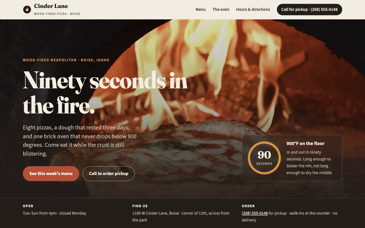 Cinder Lane Pizza wood-fired neapolitan pizzeria website built with FyneSite