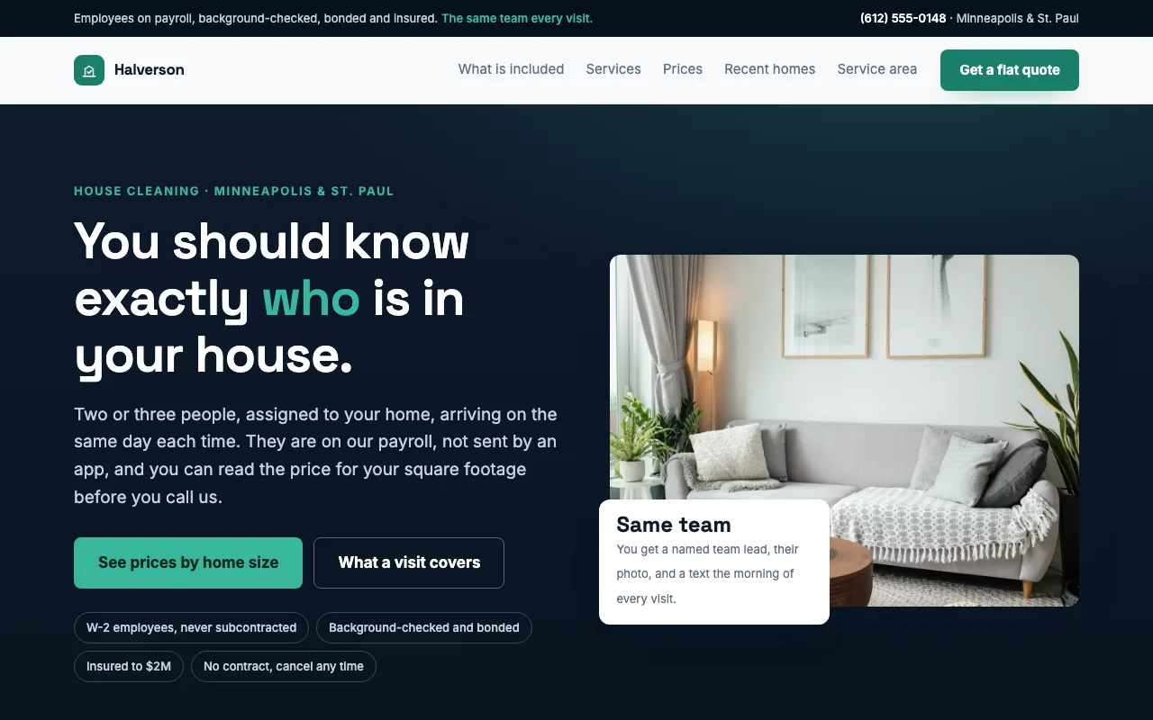Halverson Home Cleaning, cleaning company example built on FyneSite