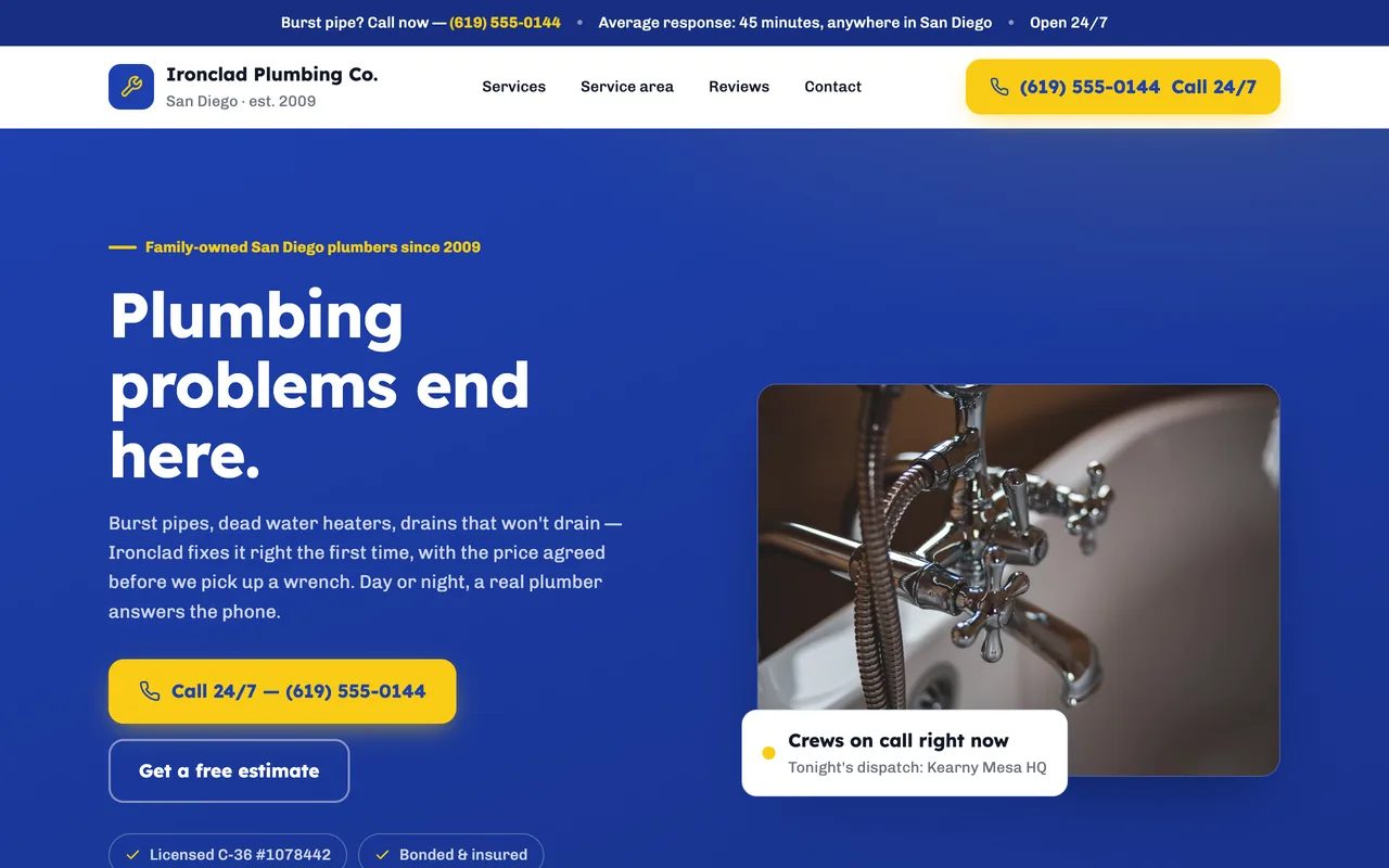 Ironclad Plumbing Co. &mdash; a plumbing website generated with FyneSite