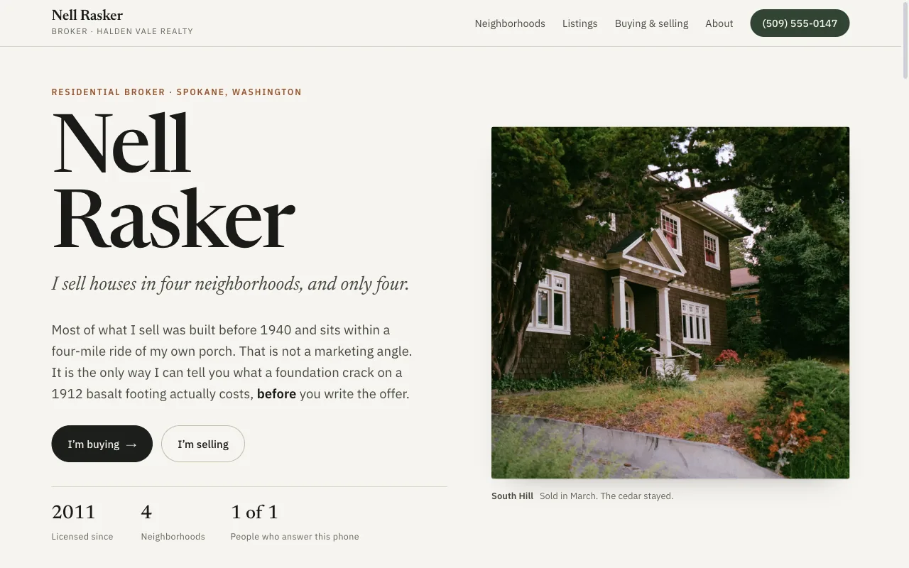 Nell Rasker, real-estate agent example built on FyneSite