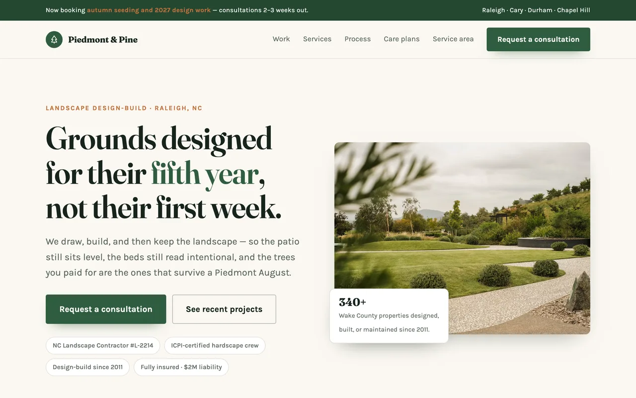 Piedmont & Pine landscape design-build website built with FyneSite