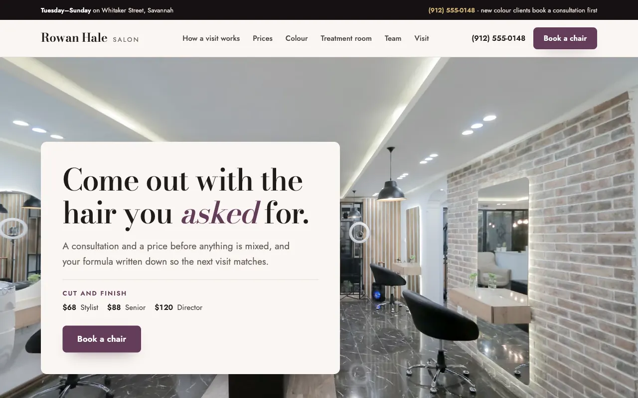 Rowan Hale Salon hair salon and treatment room website built with FyneSite
