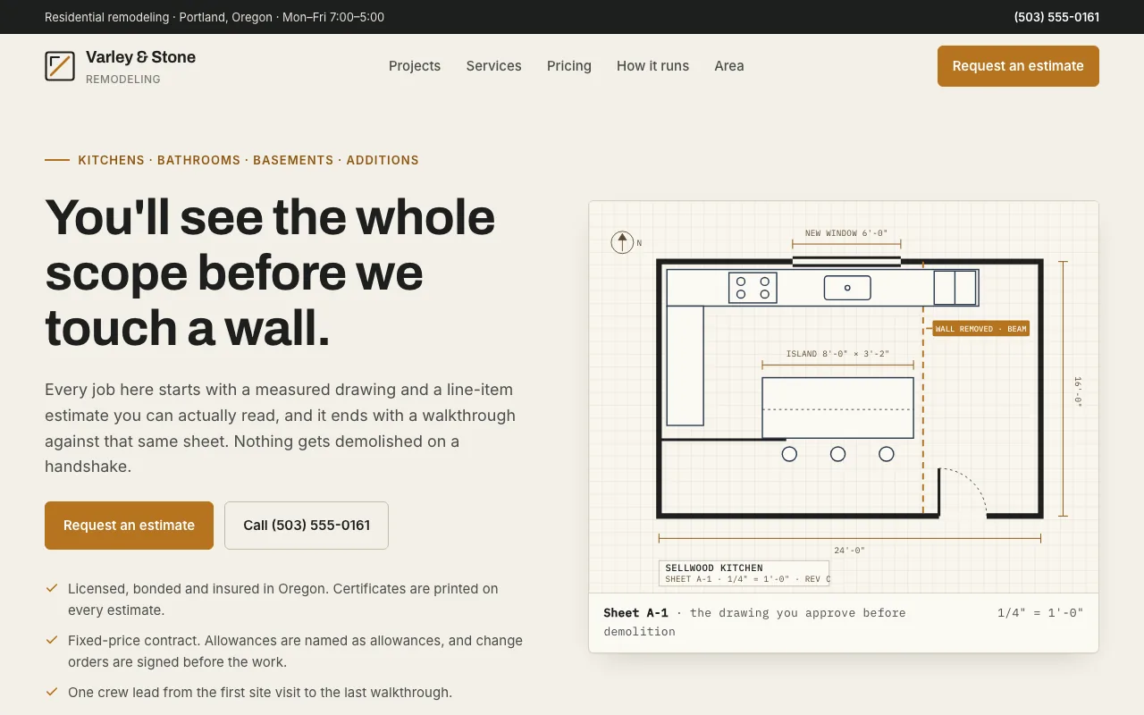 Varley & Stone Remodeling, remodeling contractor example built on FyneSite